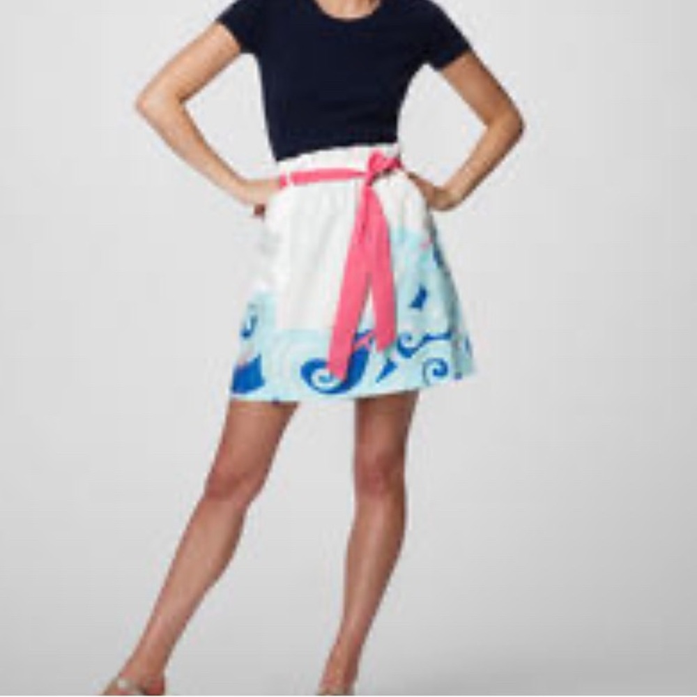 Lilly Pulitzer White and Blue A-Line Mini Skirt Tie Front